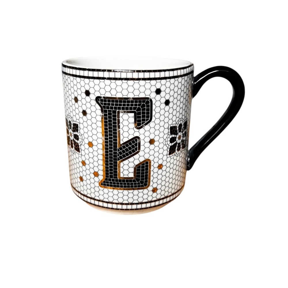 Anthropologie TILED MARGOT MONOGRAM "E" 15oz Mug Cup Black Metallic Gold